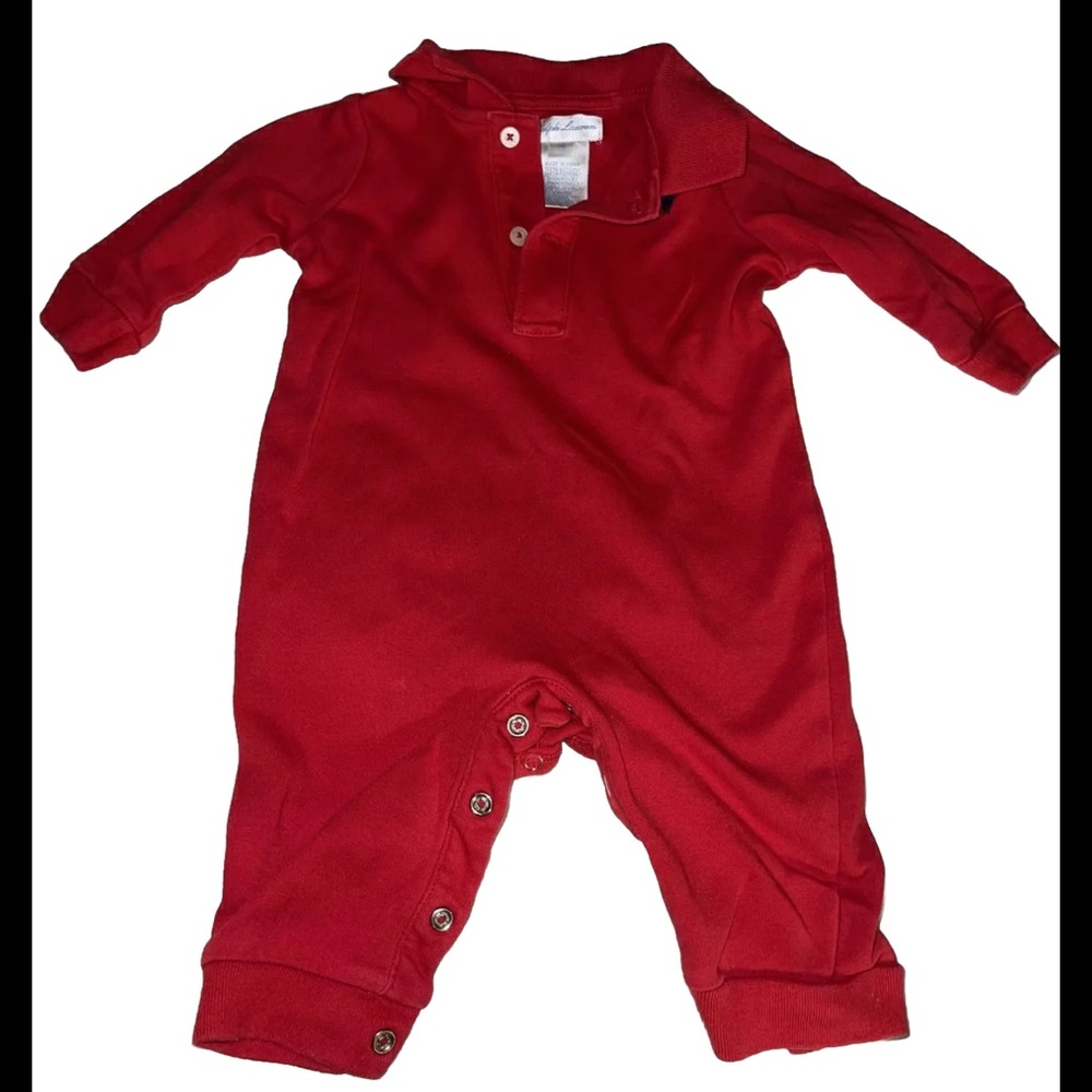 Ralph Lauren baby long sleeve one piece red with navy logo